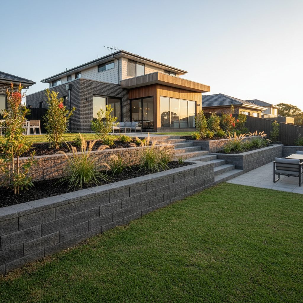 Concrete sleeper retaining wall installed on a Brisbane site